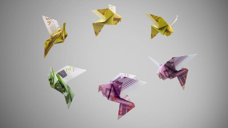 Oiseaux origami en euros