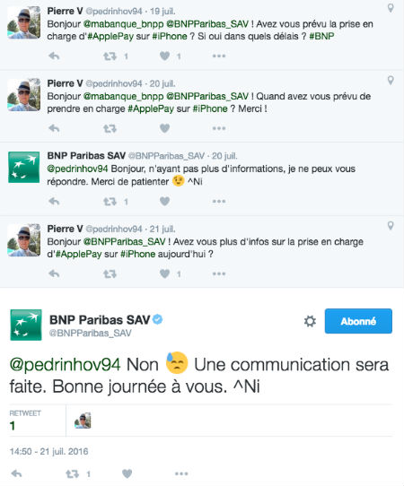 Copie d'cran d'un tweet d'un client BNP Paribas concernant ApplePay