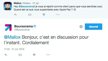 Copie d'cran d'un tweet d'un client Boursorama concernant ApplePay