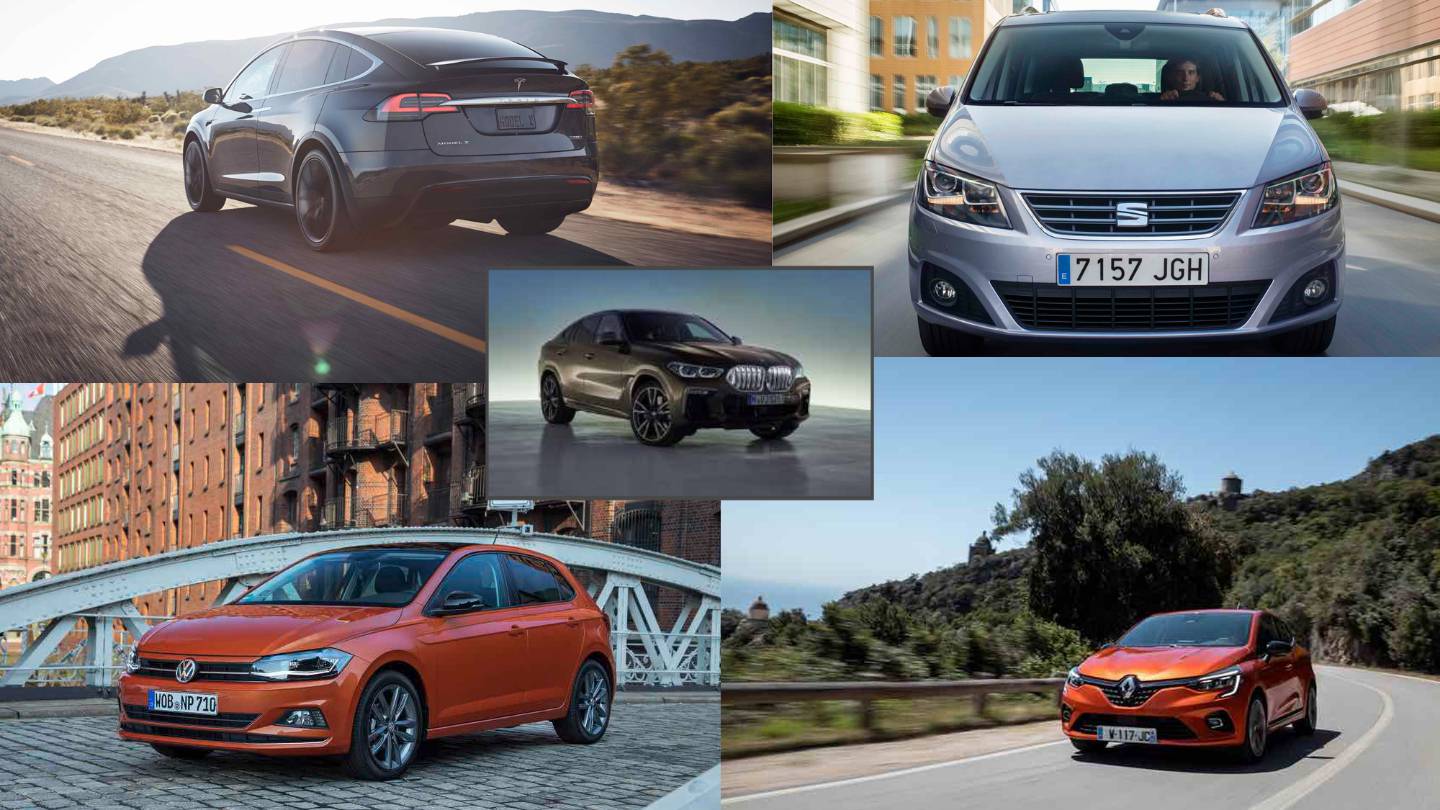 Photomontage des voitures les plus chres  assurer (Clio IV, BMW X6, Tesla X, Polo et Seat Alhmabra)