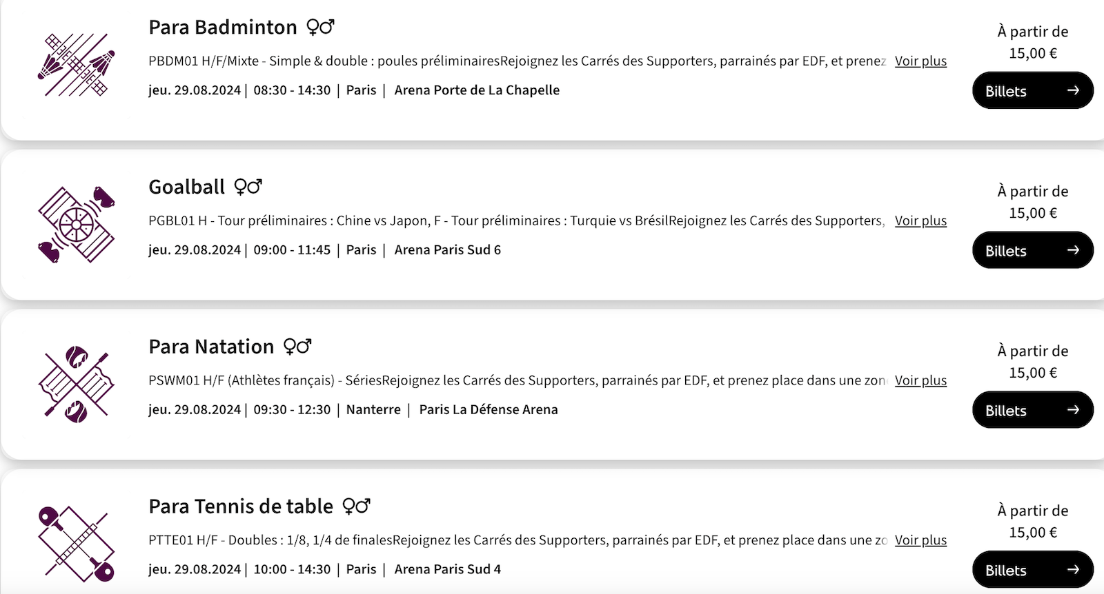 Les sessions disponibles le premier jour de comptition des Jeux paralympiques