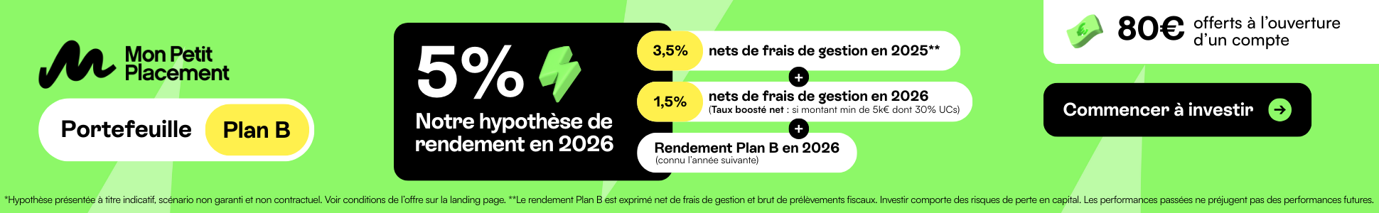 Hypoth�se de 5% de rendement en 2026 + 80 � offerts � l'ouverture d'un compte Plan B de Mon Petit Placement